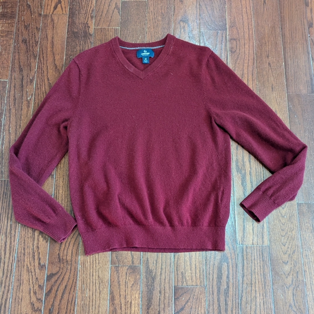 Lands End Classic Men's 100% Cashmere V-Neck Pullover Sweater Brick Red - Medium